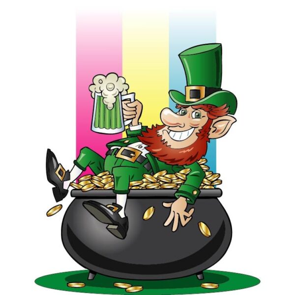 Leprechaun sleeping on a golden pot and drinking beer