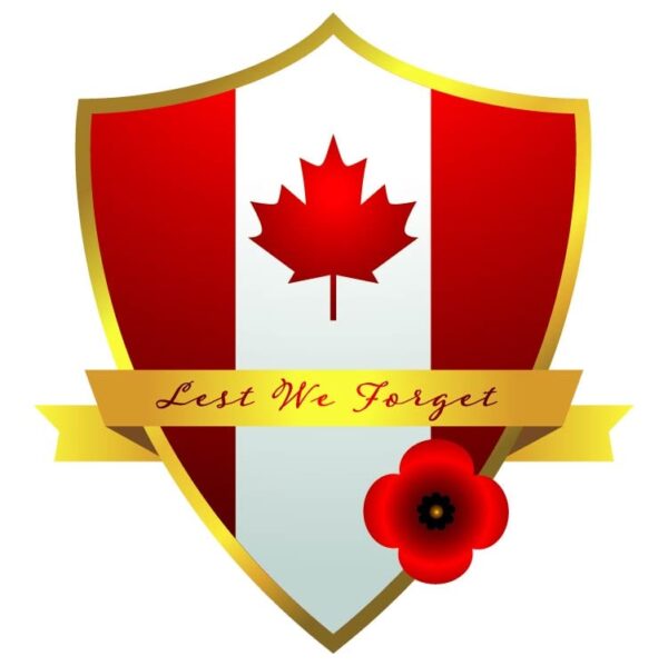 Lest we forget slogan with canadian flag and gold shield