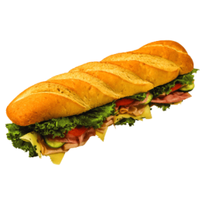 Long baguette sandwich with lettuce and slices of fresh tomatoes