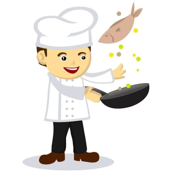 Male chef frying fish in the pan