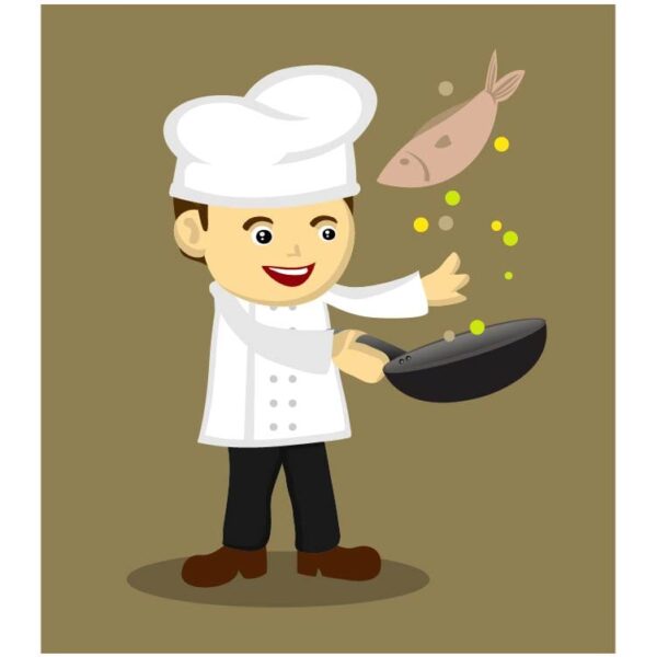 Male chef frying fish in the pan background