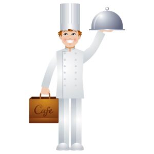Male chef in uniform and hat presenting meal with Man holds plate with restaurant cloche food cover