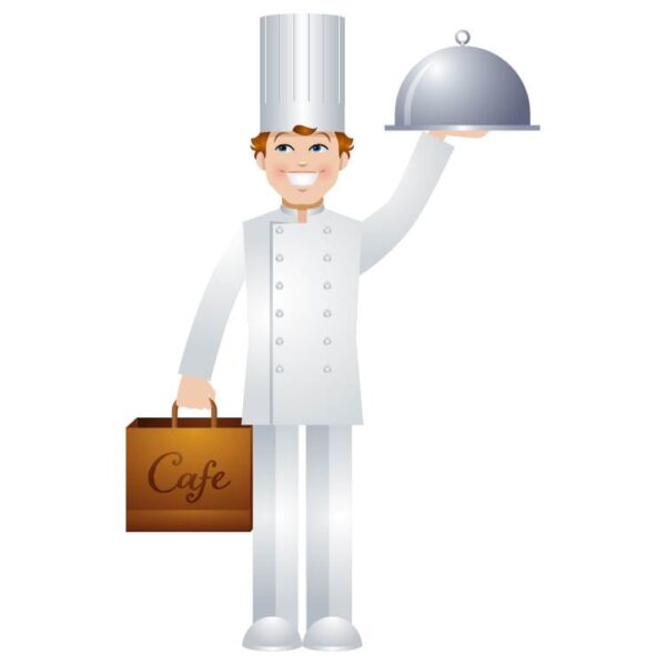 Male chef in uniform and hat presenting meal with Man holds plate with restaurant cloche food cover