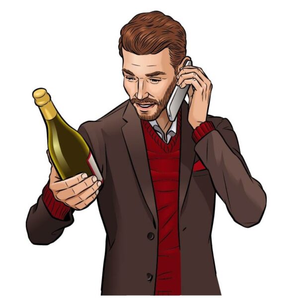 Man giving the Champagne information someone on cellphone