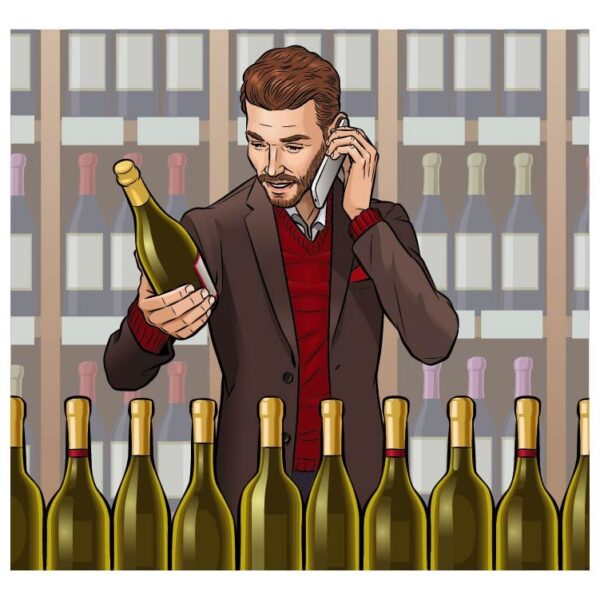 Man giving the Champagne information someone on cellphone with Champagne shop background