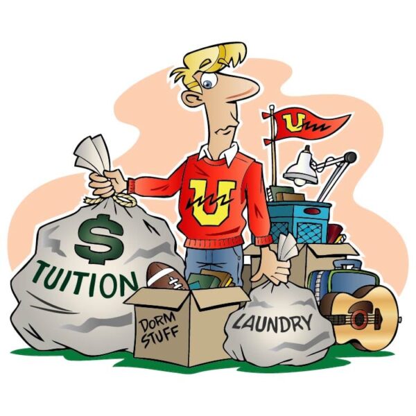 Man sorting between things to tuition and things to dorm stuff and things to laundry