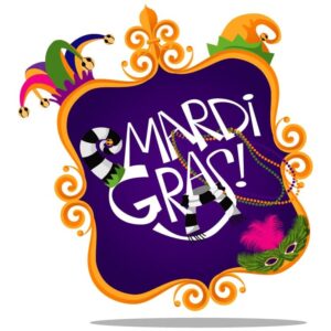 Mardi gras slogan with mardi gras crown mask and cartoon cap