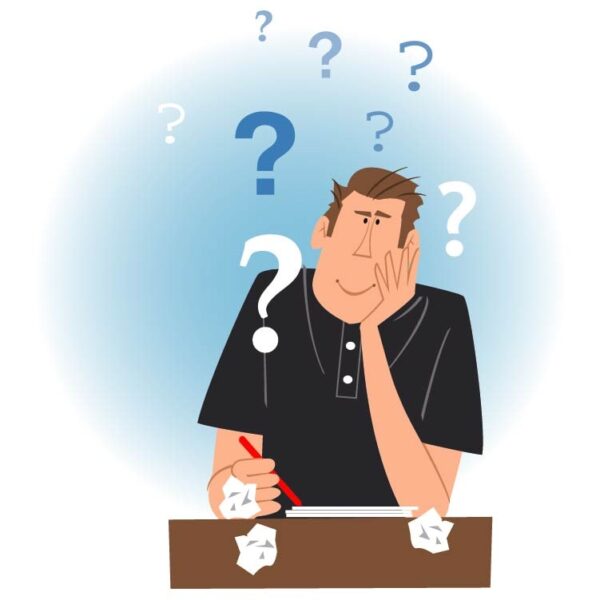 Men face a dazed question with a question mark on the head or Difficult decision making