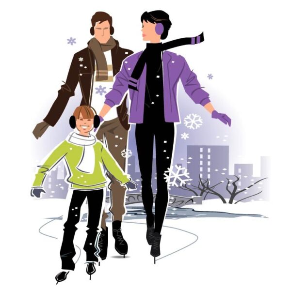 Merry christmas holly jolly and happy new year greeting card set with cheerful people enjoy skating city ice rink