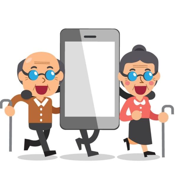 Mobile child cartoon icon with old lady and old man