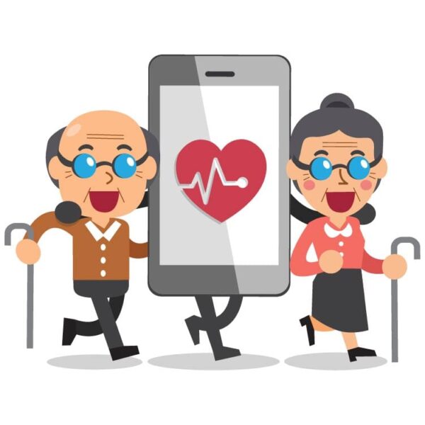 Mobile heart rate monitor cartoon icon with old lady and old man
