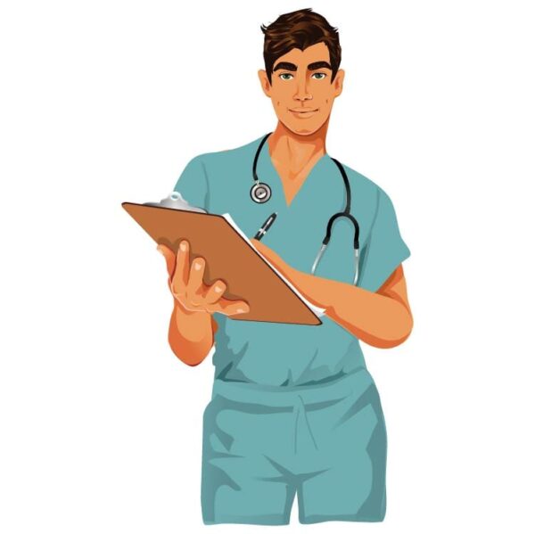 Nurse man with stethoscope doctor writing on clipboard message or board
