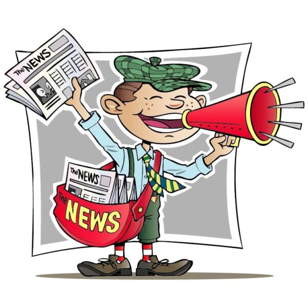 Paperboy shouting with megaphone selling newspaper