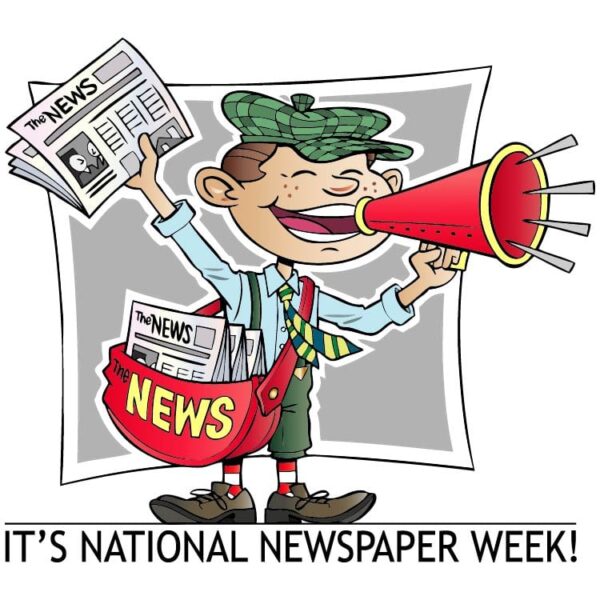Paperboy shouting with megaphone selling newspaper with slogan its national newspaper week