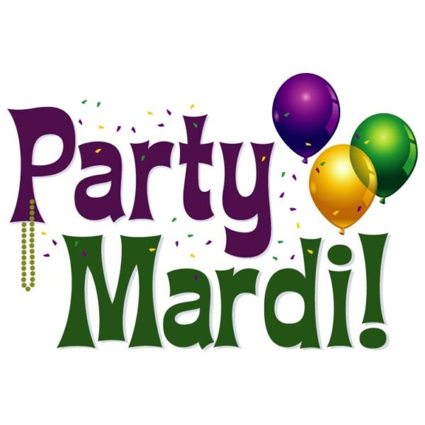 Party mardi slogan with necklace and balloons