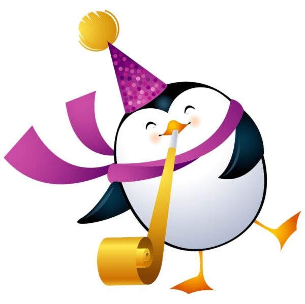 Penguin with birthday hat and whistle party celebration