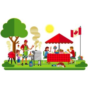 Picnic scene with happy family in canada garden