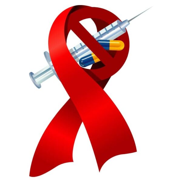 Red ribbon and syringe with HIV aids ribbon awareness