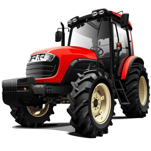 Red tractor farm heavy agricultural vehicle with headlights and massive tires