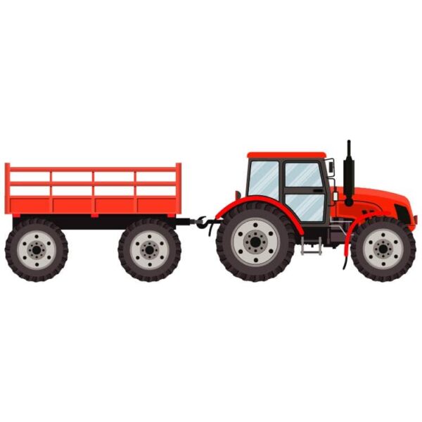Red tractor farm heavy agricultural vehicle with trailer