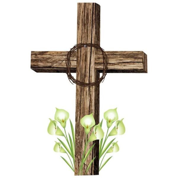 Religious christian symbols wooden cross white lily and crown