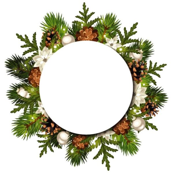 Round frame of christmas tree branches and decorations with space for text