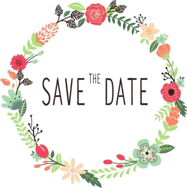 Save the date with round wreath from hand drawn colorful flowers leaves and branches