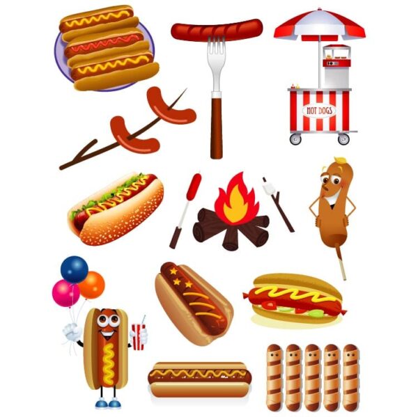 Set of hot dog and sausage cartoon mascot characters