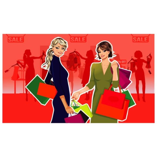 Shopping woman silhouette with shopping bags like sale text and fabric symbol