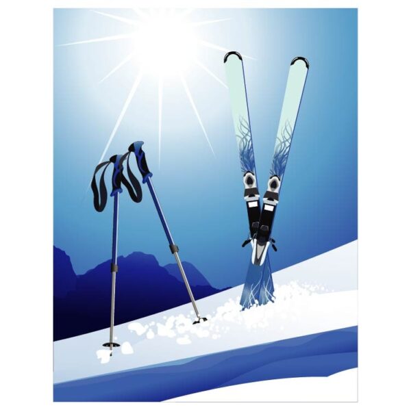 Ski poles and snowboard in snow with blue sky and sun light realistic-01-min