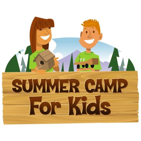 Summer camp for kids wooden board template with boy and girl