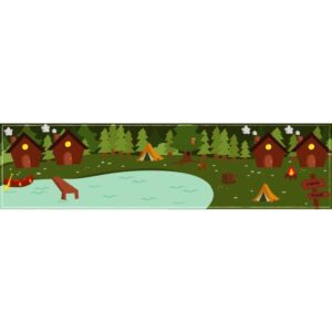 Summer camping in forest tent fir trees bonfir owl hiking trekking on nature cartoon style