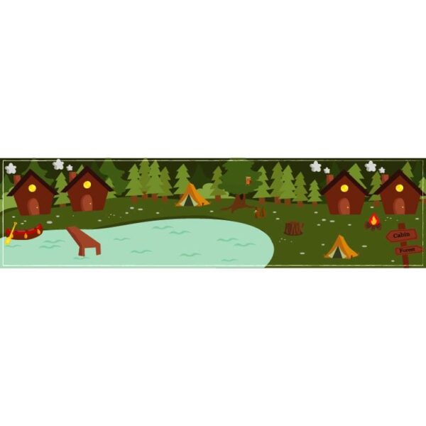 Summer camping in forest tent fir trees bonfir owl hiking trekking on nature cartoon style