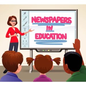 Teacher teaching newspapers in education on light board