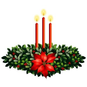 Three burning candle with poinsettia flower and berry branches