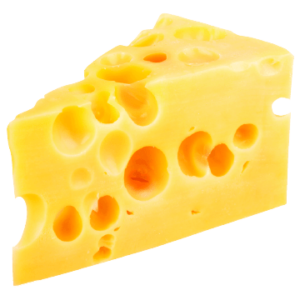 Triangular piece of yellow semihard swiss cheese