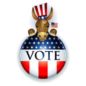 United states vote democrat button with united states flag and donkey symbol