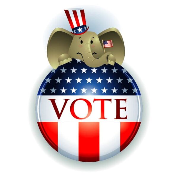 United states vote republican button with united states flag and elephant symbol