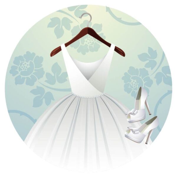 Wedding dress on hanger and sandals icon