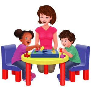 Young character teacher woman teach children play game