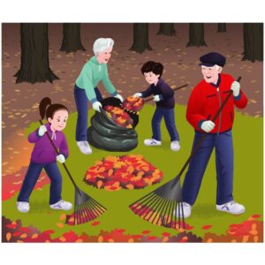 grandma and grandpa with children cleaning garden