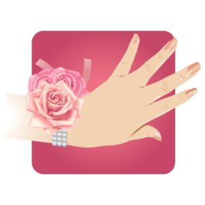 Beautiful hands of the bride and bridesmaids in wedding party with girls hands are decorated with pink flowers