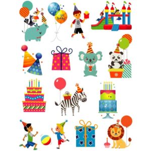 Birthday animals set with childrens cartoon characters collection gifts balloons and cake