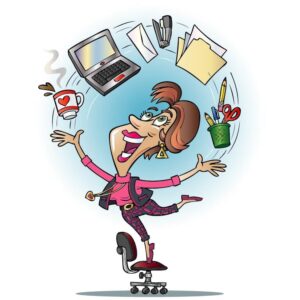 Business woman juggling in office with office tools