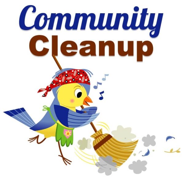 Cartoon blue bird sweeping theme community cleanup