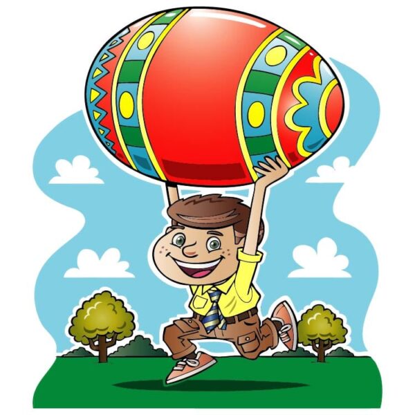 Cartoon boy running with a big easter egg rolling