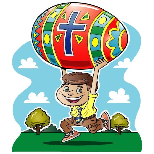 Cartoon boy running with a big easter egg rolling with christian sign