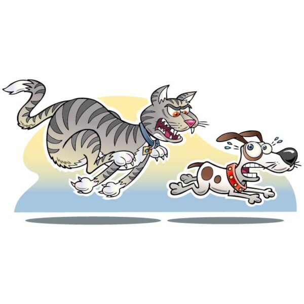 Cartoon dog chased by a dog or cat running a dog