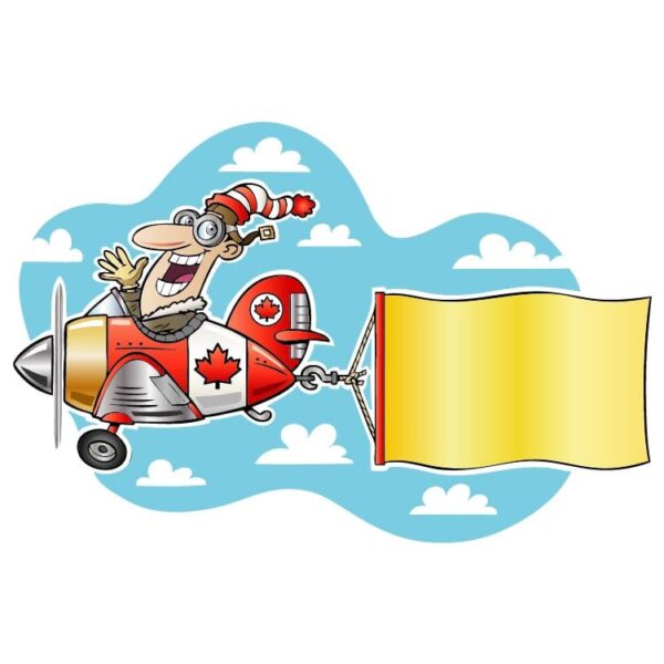 Cartoon man pilot riding canadian plane in the sky with banner