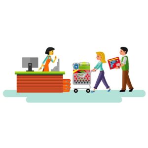 Cashier and shoppers at supermarket people with hardware tools shopping stand in line at checkout